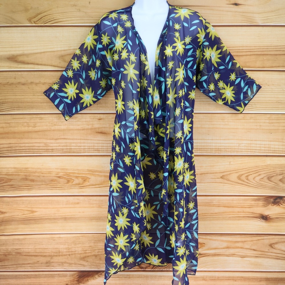 LuLaRoe Kimono Top Open-Front Sheer Womens Size S Blue Yellow Floral LIGHTWEIGHT